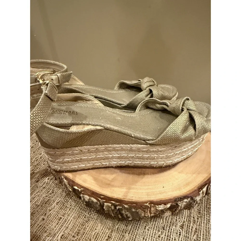Michael Michael Kors Maxwell Mid Wedge Sandals Gold Ankle Strap Knotted